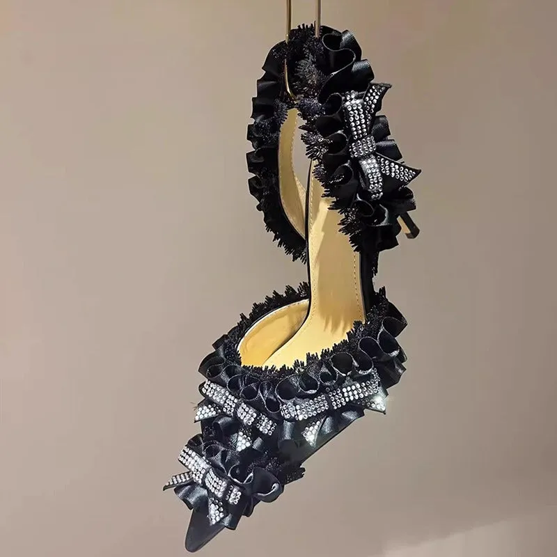 Pre Order:  Lace Rhinestone Bow Stiletto Sandals