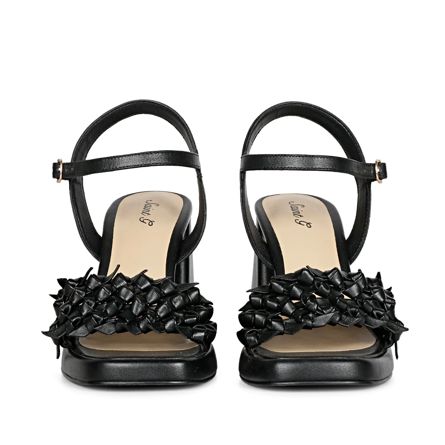 Saint Joy Black Hand Woven Leather Block Heels