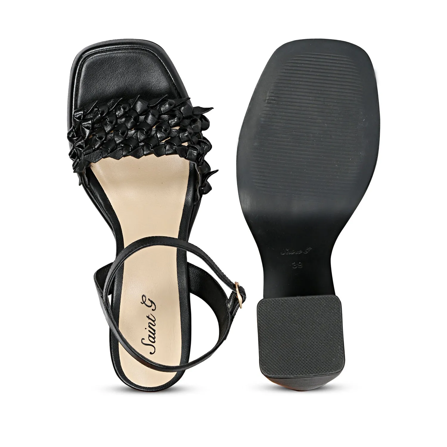 Saint Joy Black Hand Woven Leather Block Heels