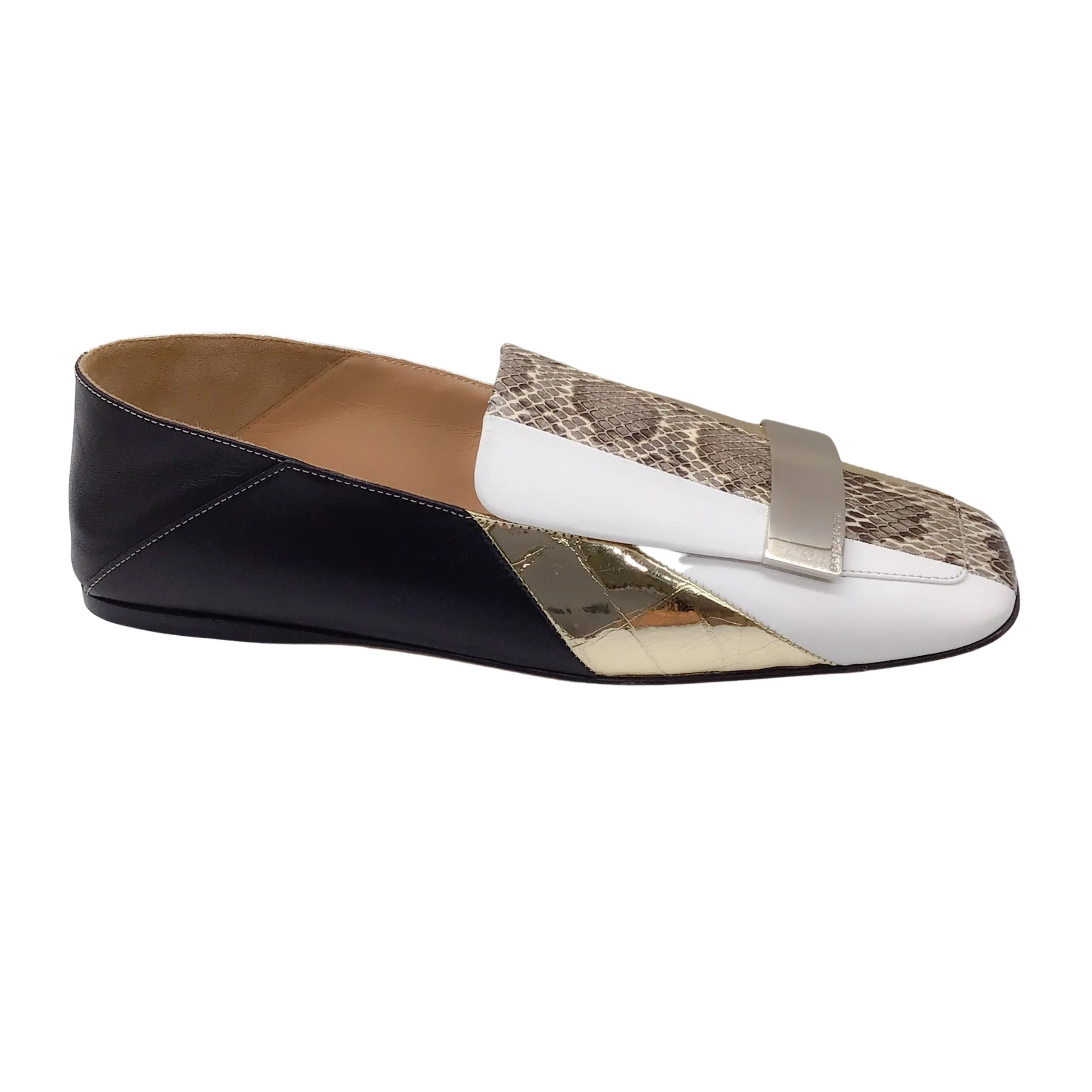 Sergio Rossi Gold Multi Logo Plaque Embellished Slip-On Leather Loafers