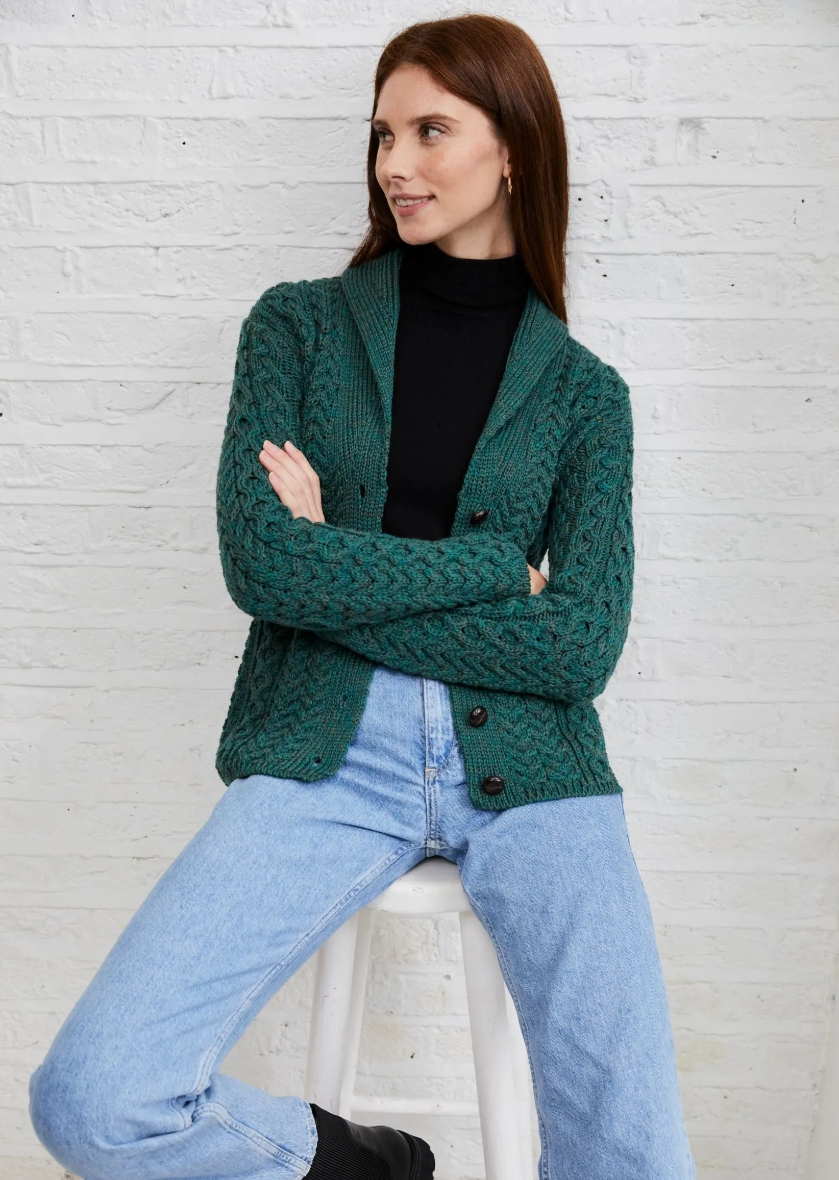 Shawl Collar Aran Cardigan | Connemara Green