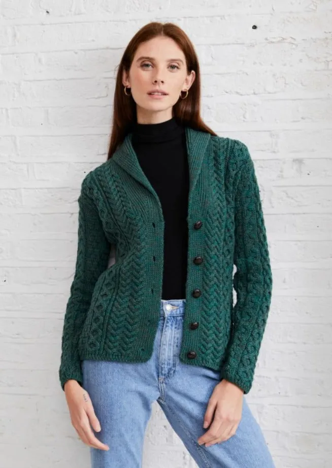 Shawl Collar Aran Cardigan | Connemara Green