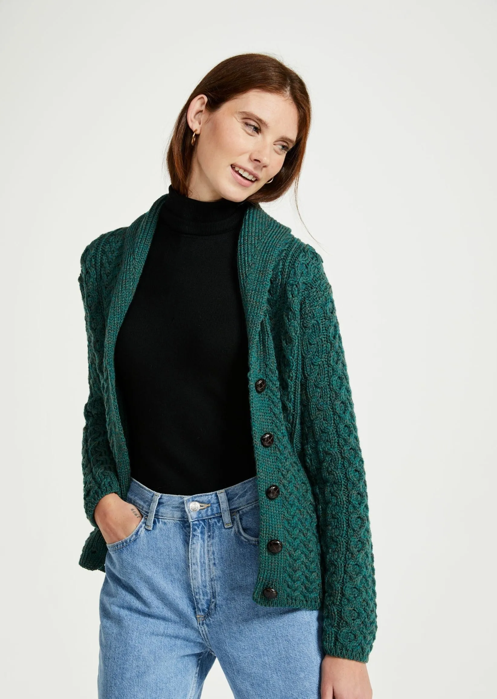 Shawl Collar Aran Cardigan | Connemara Green