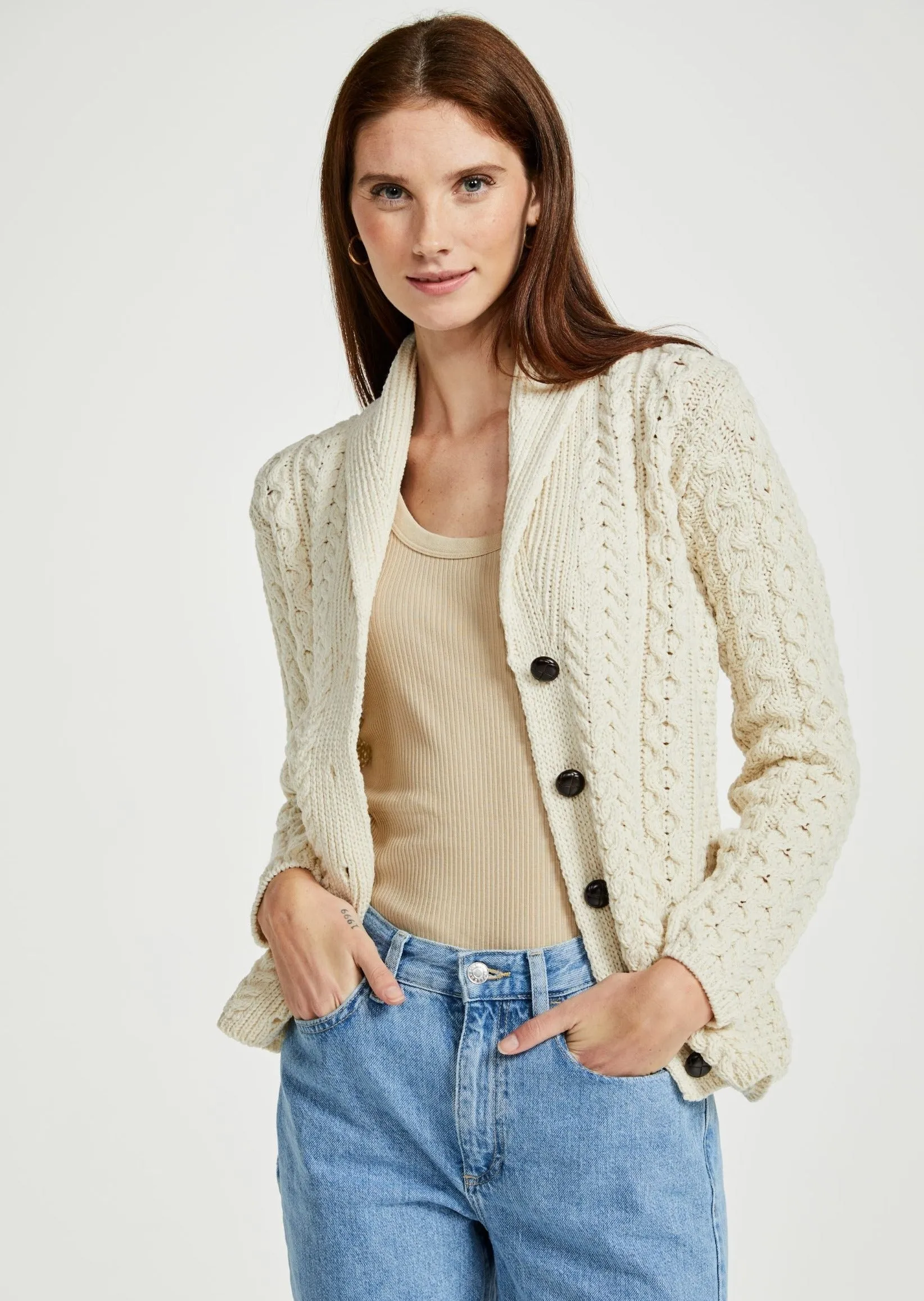 Shawl Collar Aran Cardigan | Natural