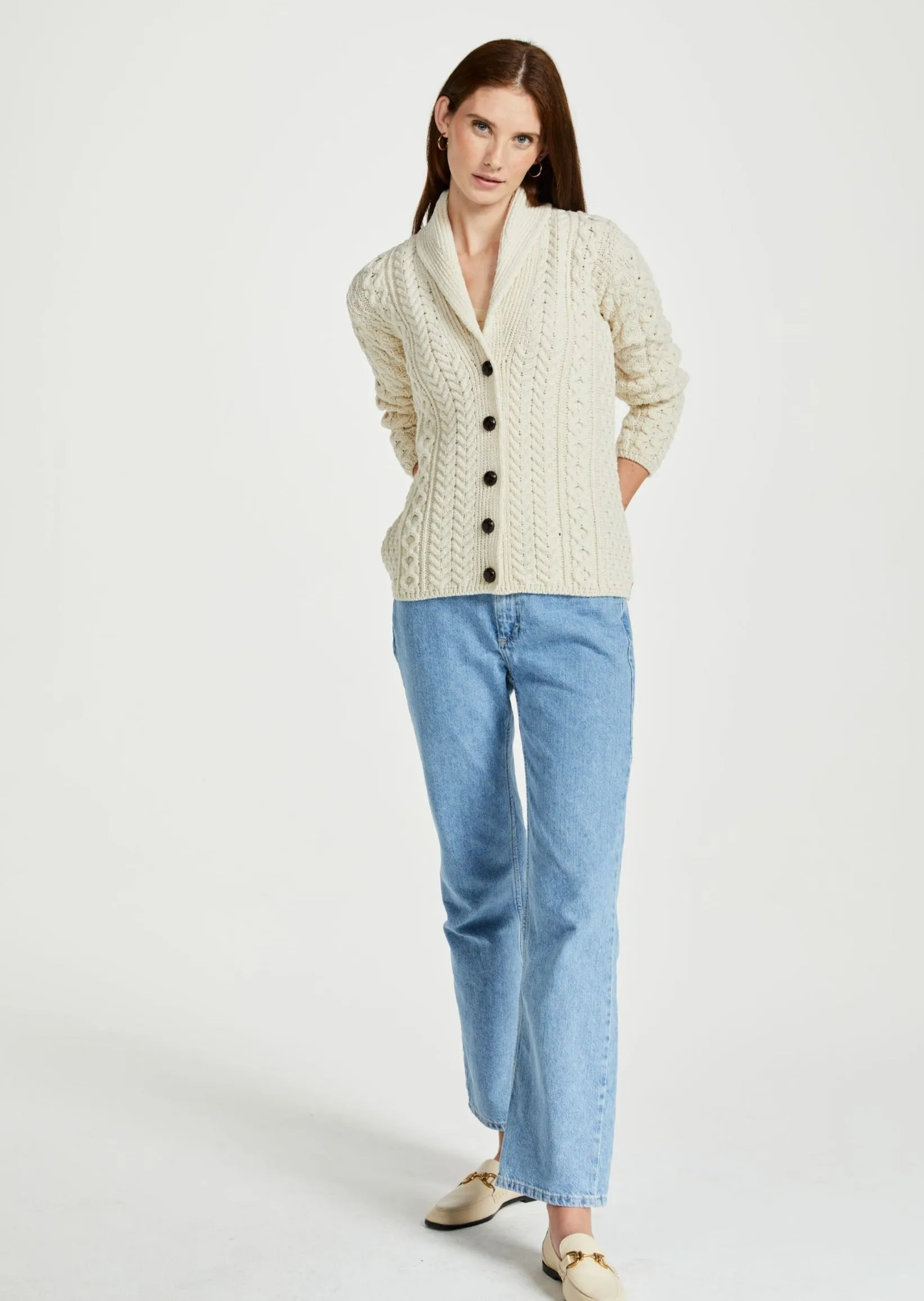 Shawl Collar Aran Cardigan | Natural