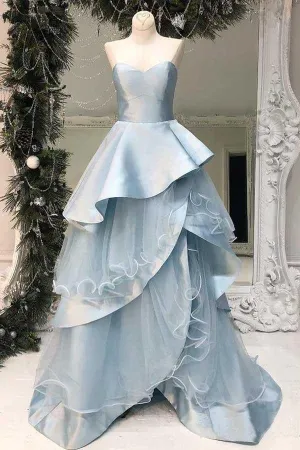 Strapless Light Blue Long Prom Dresses Multi-Layered Ruffle Prom Dresses PG808