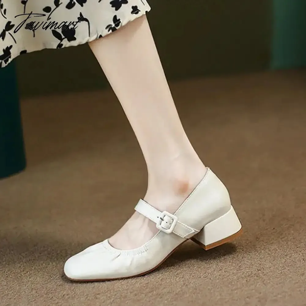 TAVIMART New Women's Mary Jane Shoes Pleated Leather Shoes for Female Ruffles Wedding Shoes Soft Mid Heels Pumps Zapatos Mujer 1414N