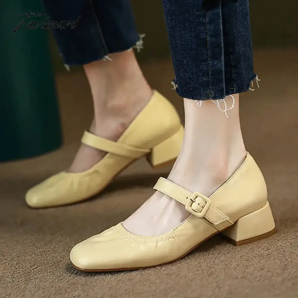 TAVIMART New Women's Mary Jane Shoes Pleated Leather Shoes for Female Ruffles Wedding Shoes Soft Mid Heels Pumps Zapatos Mujer 1414N