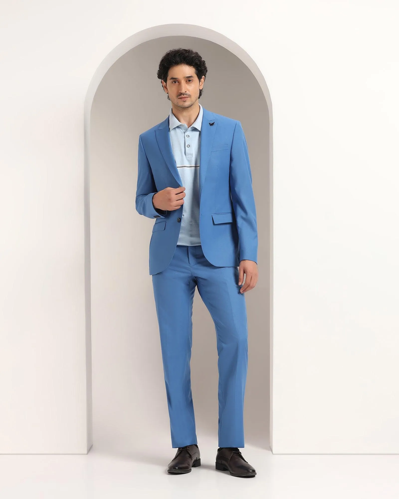 Three Piece Navy Textured Formal Suit - Amtopm