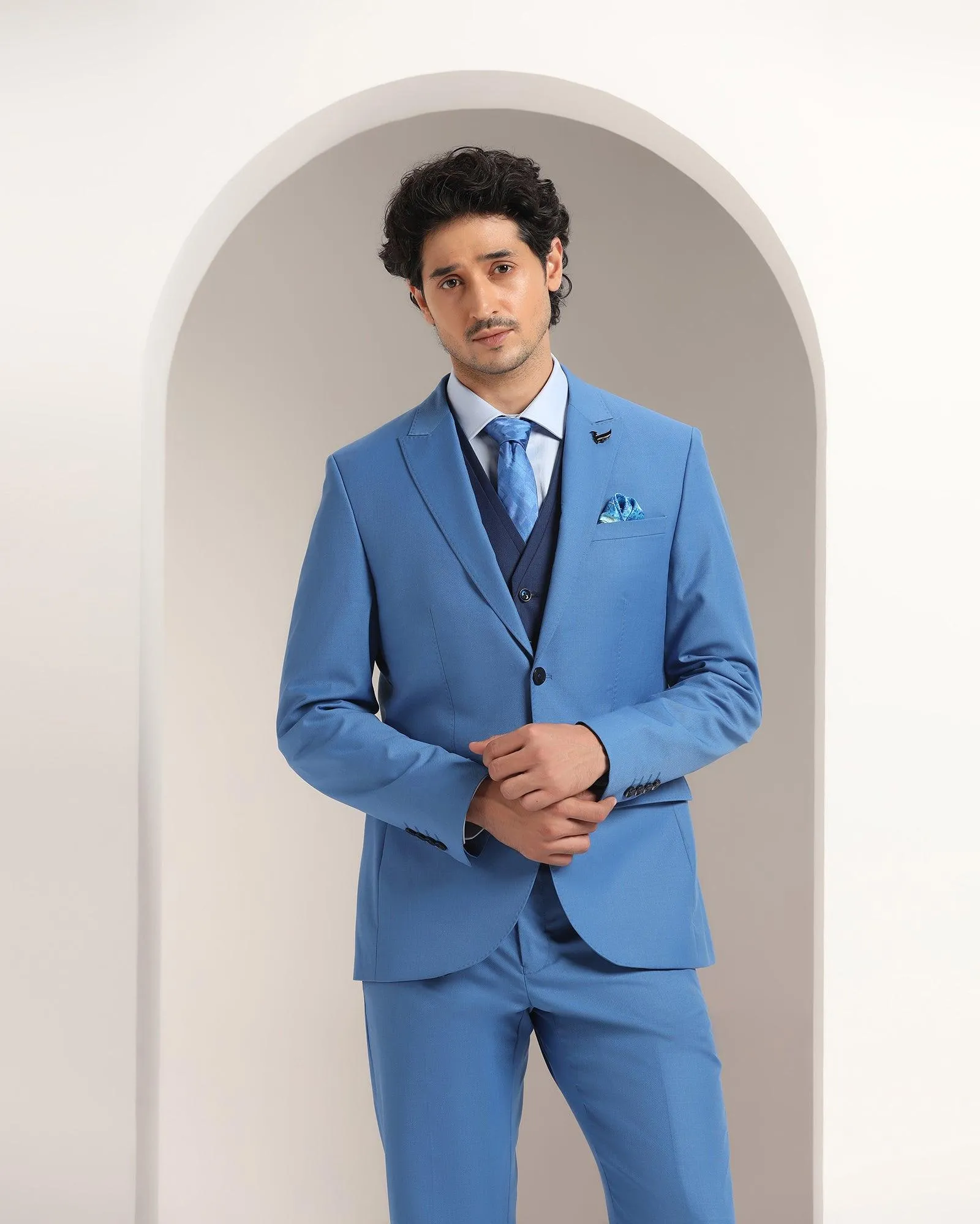 Three Piece Navy Textured Formal Suit - Amtopm