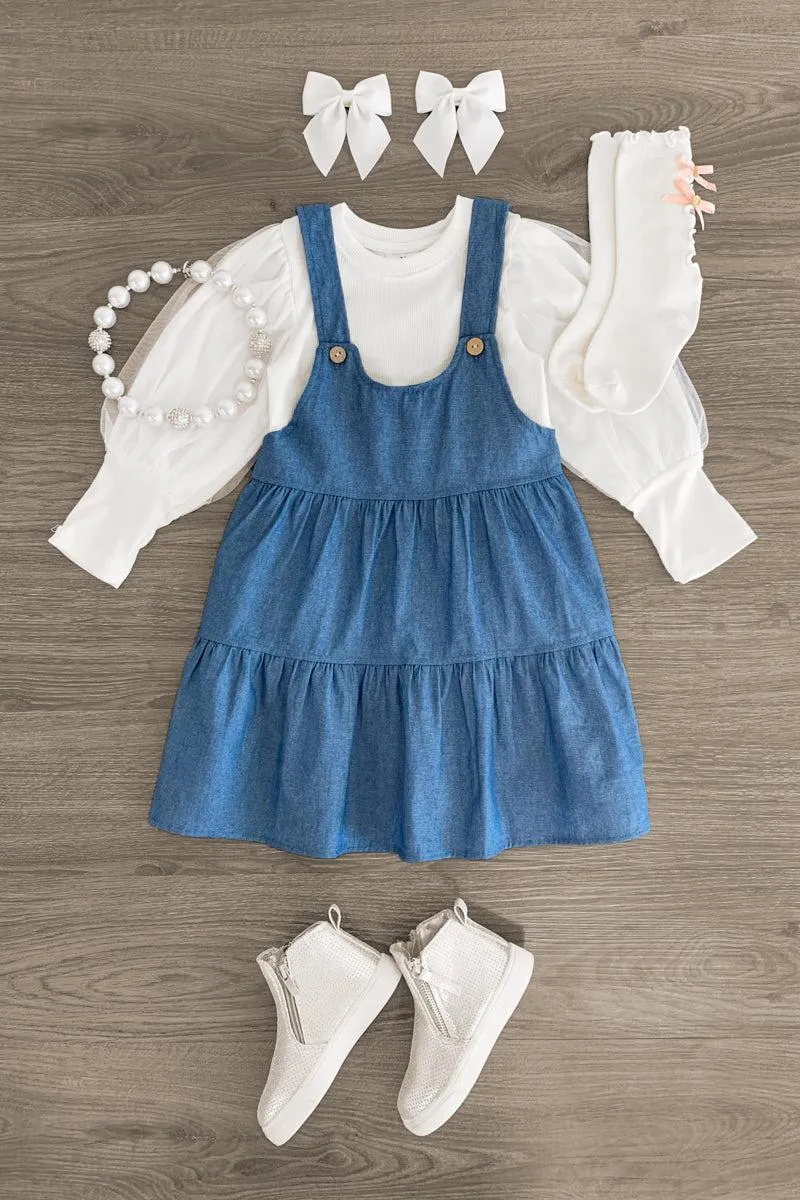 White Chambray Jumper Dress Set